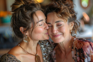 Loving daughter kisses happy mom, expressing gratitude on Mother's Day, enjoying family time filled with love, laughter, and cherished moments of togetherness and friendship.