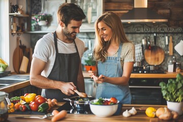 Beautiful young couple is talking and smiling while cooking healthy food in kitchen at home,...