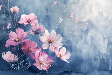 Delicate Watercolor Cosmos Flowers in Pink and White Hues