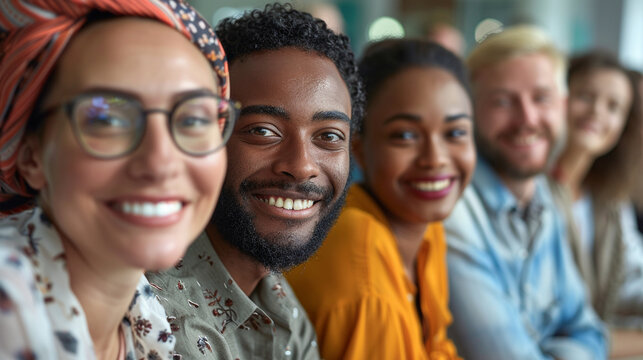 Office colleagues of diverse backgrounds smile, fostering inclusivity at a team-building workshop. Embracing workplace diversity promotes unity and fosters a culture of belonging.