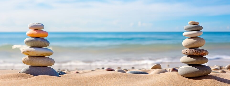 Vacation relax summer holiday travel tropical ocean sea panorama landscape - Close up of stack of round pebbles stones on the sandy sand beach, with ocean in the background