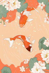 Vertical Japan koi fish border. Sea Japanese carp swimming in water with flowers.