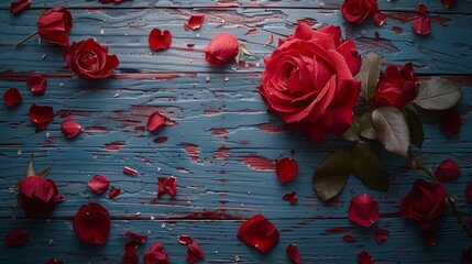   A red rose bundle sits atop a blue wooden table, nearby lies a knife and a pair of scissors