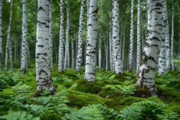 Birch Tree Forest: White bark contrasting with a green forest floor. 