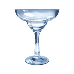 Margarita glass. Wine glass for a fashionable cocktail. A glass with a high stem for an alcoholic drink, champagne. Watercolor illustration of transparent glassware. For menu design, cocktail card