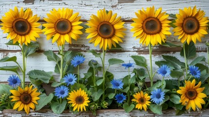   A line of sunflowers adjacent to one another, framed by a white wall with blue and yellow blooms nearby