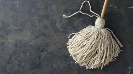 Wooden mop on black background. Top view.