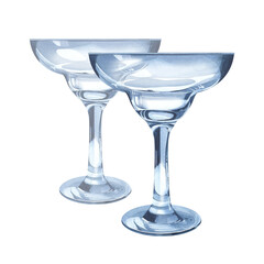 Two cocktail glasses. Empty glasses on a high stem for margarita, champagne, alcoholic drink. Watercolor illustration of transparent clean dishes. For menu design, cocktail card