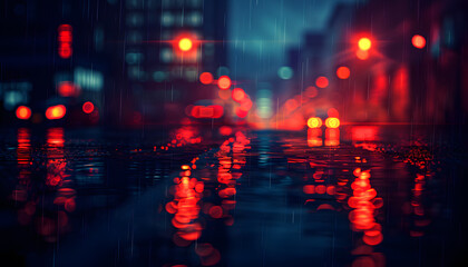 a blurry picture of a city street at night with red lights reflected in the water