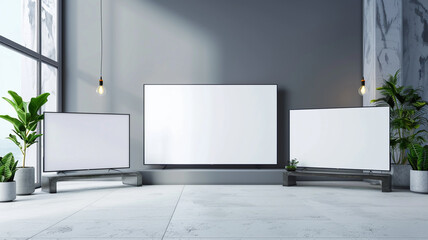  In a sleek virtual studio setting, a set of three blank TV mockups awaits personalized content, offering a modern and dynamic display solution