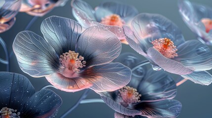   A tight shot of blooming flowers with water beads on their petals and in their centers