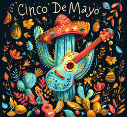 Colorful illustration celebrating Cinco de Mayo with a sombrero, guitars, and vibrant floral patterns on a dark background.