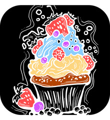 Sweet tasty dessert cupcake with cream and deco for morning breakfast in café or restaurant. Mini birthday cake for pleasure. Hand drawn retro vintage colorful vector illustration. Old style drawing.