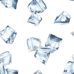 Obraz premium Scattered ice cubes in the shape of a trapezoid. Watercolor illustration of seamless pattern. Frozen water ornament. Ingredient for cold drinks. Packaging, textiles, menu, cocktail card.