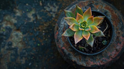 Succulent plant in pot on cement background. Top view.