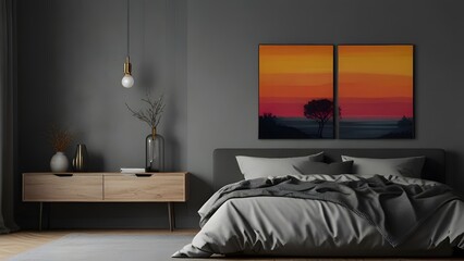 2 Wall Art Mockup, Interior Design of Bedroom Gray Theme, Bedroom Wall Art Mockup 2