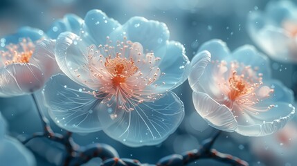   A tight shot of numerous flowers with water droplets on their petals and in the heart of each blossom