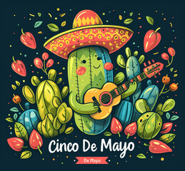Colorful illustration of a cactus playing a guitar, wearing a sombrero, surrounded by plants and fruits, celebrating Cinco de Mayo.