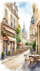 Watercolour illustration of Parisian street