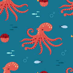 Octopus background. Inhabitants of the sea world. Cute underwater flat seamless pattern. Funny underwater creatures. Vector illustration. © OlivaGreen