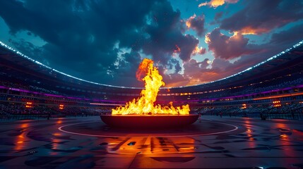 Fiery Torch Ablaze in the Center of a Dramatic Olympic Stadium