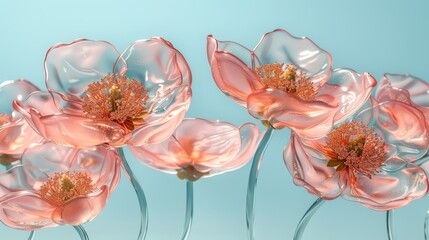   A cluster of pink blooms rests atop a light blue tabletop; behind them, a blue sky extends