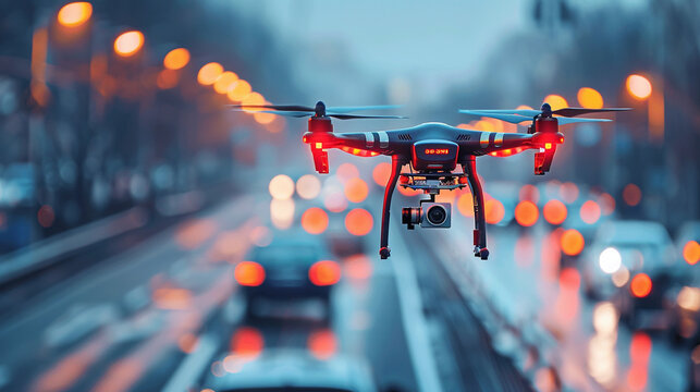 AIdriven drone traffic management in a smart city, aerial view, dynamic flow of drones