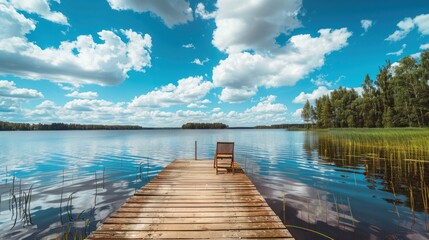 Obraz premium Landscape with a long wooden pier with chairs for fishing and relaxing enjoying the lake view