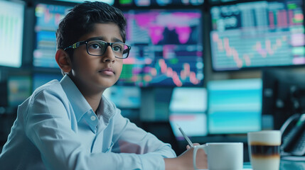Indian teenager stock broker seating office and looking on the computer screen - obrazy, fototapety, plakaty