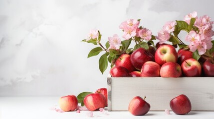 Natural, farm apples in a white wooden box with blossom branch on a white background