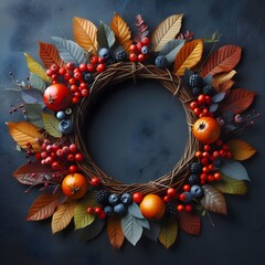 Autumn wreath with berries and leaves on blue background. 3d illustration generated by ai