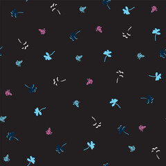 Frogs and flowers in pink, blue & navy on black.