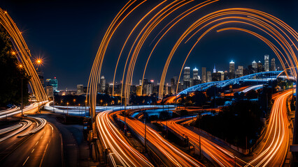 Obraz premium High speed forward light, urban expressways and traffic flow, time-lapse photography, abstract background, colored light, technology and city