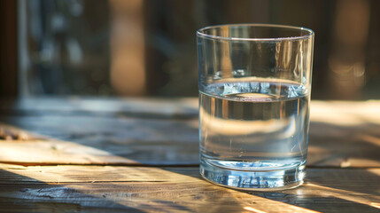 a water glass on wooden table no blur high resolution
