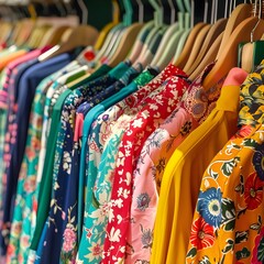 A rack of colorful shirts in a clothing store