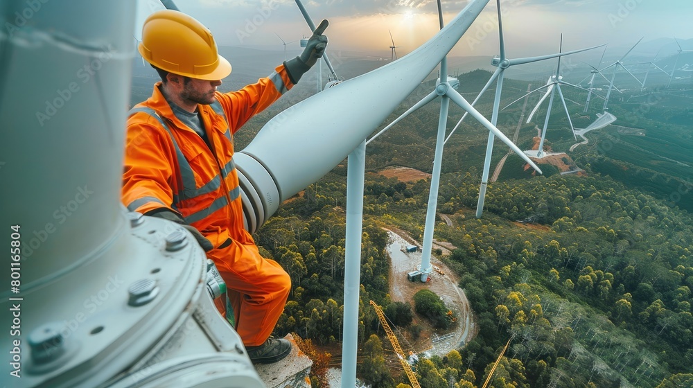 Poster Close up of technicians working on a wind turbine, drone view. Generative AI.