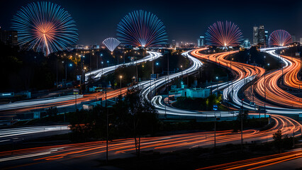 High speed forward light, urban expressways and traffic flow, time-lapse photography, abstract background, colored light, technology and city