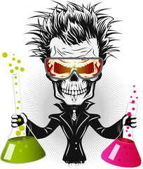 Totenkopf Skull mit wilder Wissenschaftler Mähne und Laborbrille im Labor mit Laborutensilien