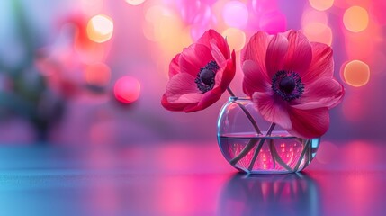   A table holds a vase filled with red flowers, situated near a pink-blue wall with background lights