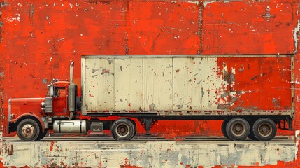   A red-and-white truck is parked in front of a rusted, red wall A white box truck is on its flatbed
