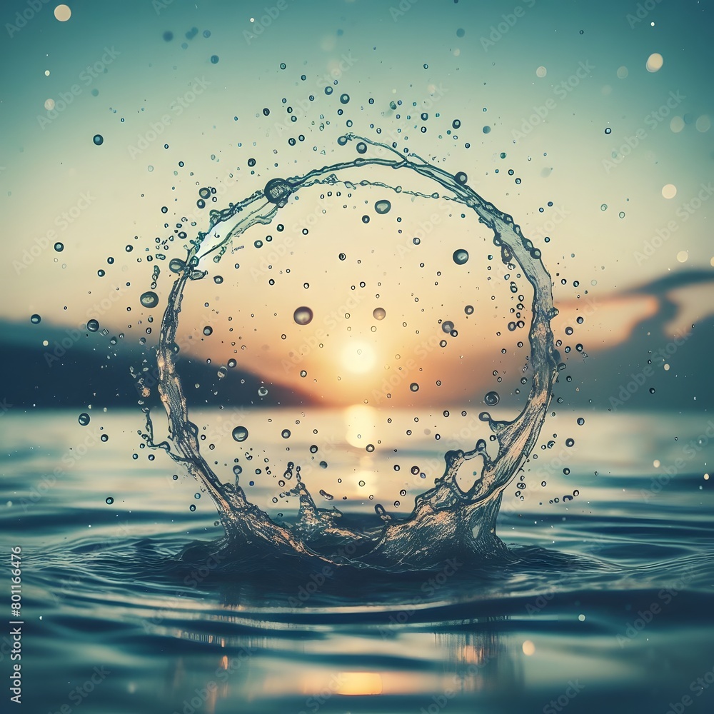 Poster water splashes with bokeh effect on sunset sky background generated by ai