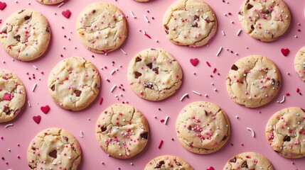 A bunch of cookies with hearts and sprinkles on a pink background - Powered by Adobe