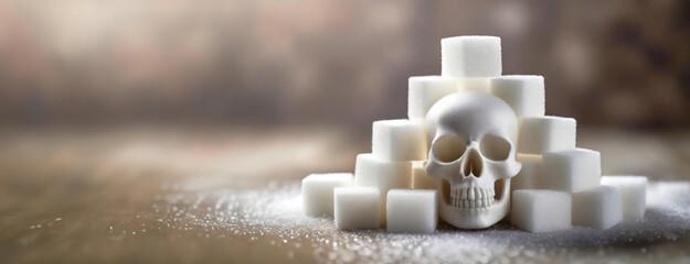 Sugar Cubes Forming a Skull, Metaphor for Sweetness and Danger. Confectionery blocks create a skeletal warning symbol amid granulated surroundings. Panorama with copy space. - Powered by Adobe