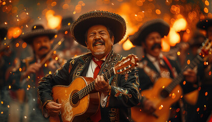 A group of mariachi musicians performing passionately with guitars, wearing traditional sombreros and ornate outfits, surrounded by a vibrant, blurred background.