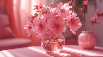   A table holds a vase filled with pink flowers, alongside another vase containing similar blooms