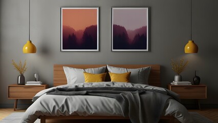 2 Wall Art Mockup, Interior Design of Bedroom Gray Theme, Bedroom Wall Art Mockup