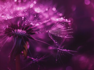 Fototapeta premium Close-up of a dandelion with water droplets on a purple bokeh background, capturing a dreamy, serene mood.
