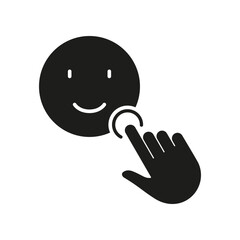 Positive Feedback Silhouette Icon. Social Media App Good Review Glyph Pictogram. Pointer Click On A Happy Face Emoticon Solid Sign. Customer Satisfaction Symbol. Isolated Vector Illustration