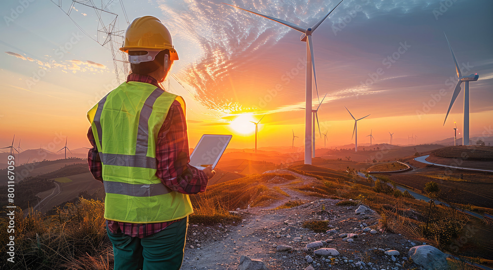 Aufkleber An engineer in a reflective vest and hardhat is inspecting a tablet with wind turbines in the background during sunset. Generative AI.