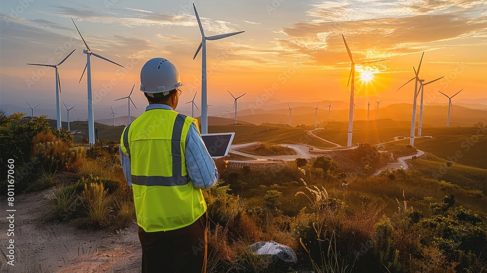Poster An engineer in a reflective vest and hardhat is inspecting a tablet with wind turbines in the background during sunset. Generative AI.